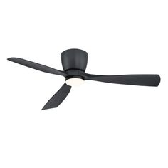 a ceiling fan that is black and has a light on top of the blades in front of it