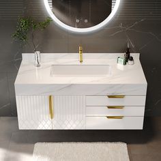 a bathroom vanity with a round mirror above it