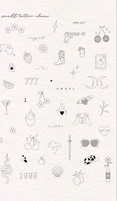 the back side of a white paper with black ink on it and various symbols in different shapes