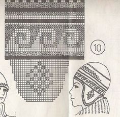 an old fashioned cross stitch pattern with two women wearing headdress and one holding a cell phone