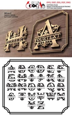 two different types of metal letters and numbers on a wooden background with an ornate frame