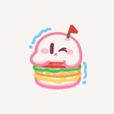 a drawing of a hamburger with a red flag sticking out of it's mouth