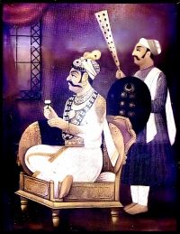 an old painting of two men sitting on a chair with a bat in their hand