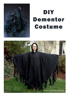 an image of a woman wearing a black costume with the words diy dementor costume on it