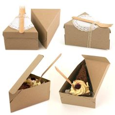 four different views of an open box with cake in it and two spoons sticking out