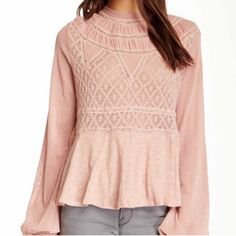 Free People Long Sleeve High Neck Semi-Sheer Blouse Color Is A Blush Pastel Pink Size Small Excellent Condition Lightweight Knit And Crochet Lace Long Sleeve Top Gorgeous Blush Pink Lightweight Knit And Crochet Lace / Pointelle Long Sleeve Top With Fine Mesh Fabric Balloon / Full Sleeves Gathered At The Wrist. Has A High Neck Featuring A Keyhole Detail With Delicate Mother Of Pearl Buttons At The Back. Somewhat Of A Swingy Peplum Design, Hits At About The Upper To Mid Hip. Size Small, Fits True Pink Feminine Lace Top, Feminine Pink Lace Top, Pink Fitted Lace Top, Chic Fitted Pink Lace Top, Feminine Long Sleeve Beige Top, Chic Pink Fitted Lace Top, Elegant Pink Lace Top, Pink Bohemian Lace Top, Elegant Pink Tops For Brunch