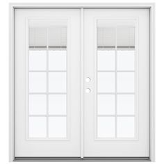 a white double door with blinds on the side