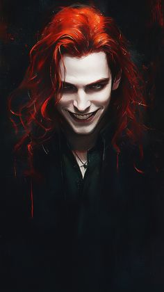 a painting of the joker with red hair and black eyes, wearing a dark shirt