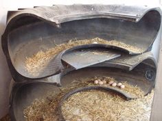 an animal pen with hay and eggs in it's back end, next to a wall