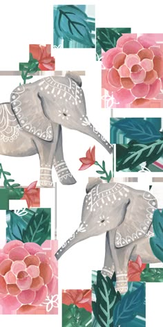 an elephant surrounded by flowers and leaves on a white background