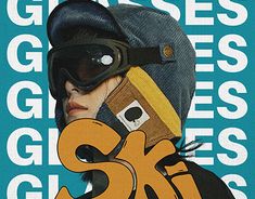 a man wearing ski goggles on top of a blue and yellow poster with the words ski