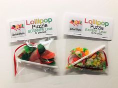 two bags of lollipop puzzles are shown with the same packaging on them