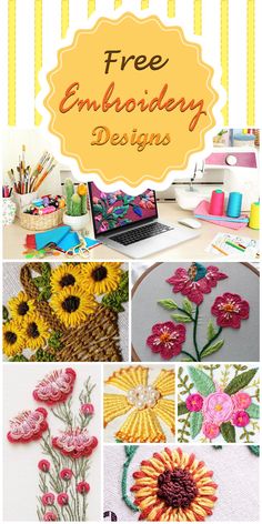 a collage of pictures with flowers and the words free embroidery designs