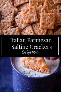 a blue cup filled with crackers next to a black and white sign that says italian parmesan saltine crackers