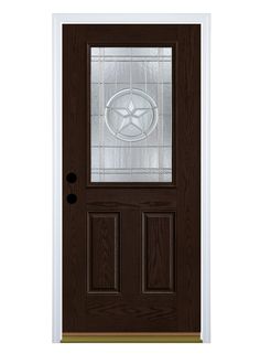 a brown door with glass on it