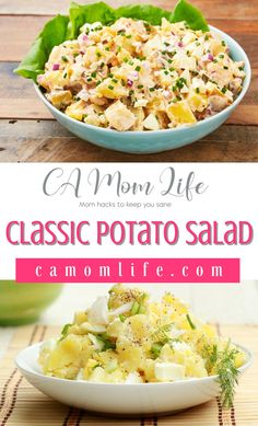 a bowl filled with potato salad on top of a wooden table next to another bowl