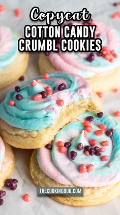 A cotton candy cookie with a bite taken out of it. American Baked Goods, Crumbl Christmas Flavors, Cookie Dunkers With Buttercream, Cute Recipes Aesthetic, Deep Dish Cookie Recipe, Crumble Sugar Cookie Recipe, Homemade Crumbl Cookies, Lighthouse Cookies, Australian Cookies