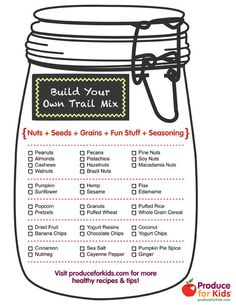 a mason jar with instructions to build your own trail mix