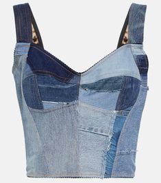 One of my favourite designer pieces #mytheresa Denim Party, Denim Bustier, Dolce And Gabbana Jeans, Patchwork Top, Leopard Print Shirt, Denim Crop Top, Denim Corset, Patchwork Denim, Denim Mini Dress