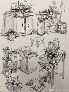 a drawing of kitchen furniture and appliances in various stages of being drawn by someone's hand