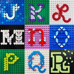 the letters are made out of legos and have different colors, shapes, and sizes