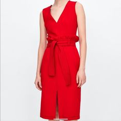 A Beautiful Red Dress With Beautiful Details Smoke Free Pet Free Home Xs Chic Red Midi Dress For Work, Red Sheath Midi Dress For Work, Red Midi Workwear Dress, Red Midi Dress For Work, Chic Red Midi Dress, Red Sheath Dress For Spring, Chic Red Zara Midi Dress, Chic Red Midi Dress By Zara, Chic Red Knee-length Midi Dress