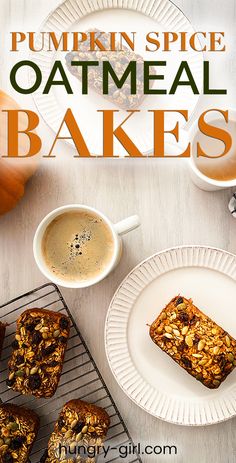 pumpkin spice oatmeal bakes on a white plate next to a cup of coffee