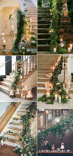 wedding decorations with candles and greenery on the stairs