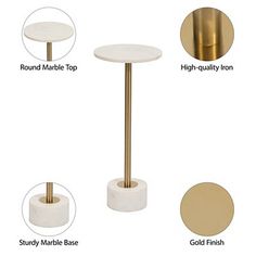 three different types of round tables with gold bases and white marble tops, all in various sizes