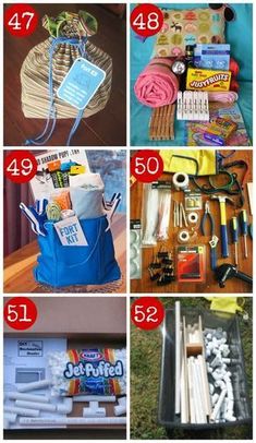 the contents of a travel bag are shown in this collage