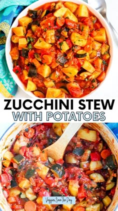 zucchini stew with potatoes in a white bowl