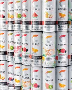 many cans of celsius are stacked on top of each other