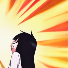 an anime character with long black hair and white shirt, standing in front of a bright yellow background