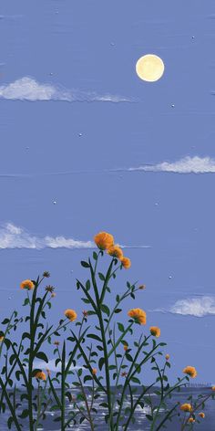 the full moon shines brightly in the blue sky above some tall grass and flowers