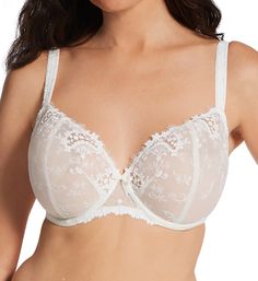 A demi cup bra designed for E, F and G cups, this charming, sophisticated and sensual style is practical enough for everyday wear. Guipure lace adds sensual sheer windows at the tops of cups and is featured on straps as well. Sheer underwire cup is lined with same fabric with a vertical seam to create a lifted, rounded and supported shape. Cup is two-ply mesh with an embroidered design on exterior. Center - arched center panel with decorative bow. Supportive mesh panel is inset at front beside c Classic Beige Underwire Bra, Classic Full Cup Beige Bra, Classic Beige Full Cup Bra, White Underwire Bra With Removable Cups, Classic Cream Bra With Padded Cups, Feminine Wedding Bra With Delicate Lace, Elegant Padded Beige Bra, Classic Bra With Removable Cups And Underwire, Feminine Cream Bra With Padded Cups