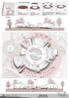 an architectural diagram shows the various sections of a building and its surrounding area, with different levels