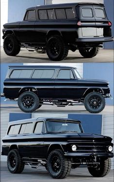 four different views of an old black truck with big tires and rims on it