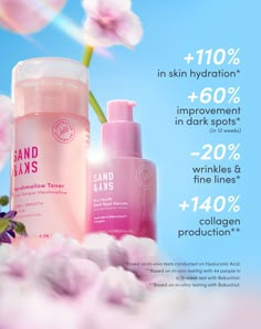 an advertisement for hand and laxs with pink flowers in the foreground, on a blue sky background