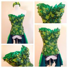 four different views of a green corset with leaves on the top and bottom