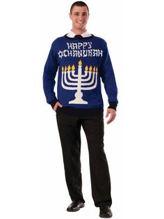 Silly Holidays, Hanukkah Sweater, Ugly Sweater Contest, Dark Blue Sweater, Holiday Sweaters, Festival Of Lights, Navy Blue Sweater, Costume Themes, Classic Sweater