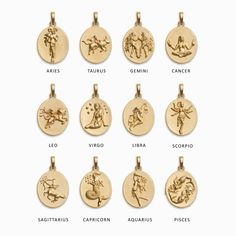 twelve zodiac signs in gold pendants with names and pictures on the front, set against a white background