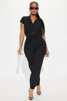 Available In Black And Olive. Jumpsuit Short Sleeve Collar Button Up Drawstring Cargo Detail Jogger Slight Stretch 100% Polyester Imported | Playing Straight Up Jumpsuit in Black size XL by Fashion Nova Jumpsuit Short Sleeve, Olive Jumpsuit, Jumpsuit Short, Jeans Jumpsuit, Short Jumpsuit, Matching Dresses, Black Jumpsuit, Active Wear For Women, Matching Sets