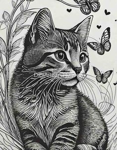 a black and white drawing of a cat surrounded by butterflies