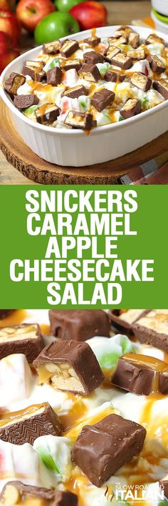 an apple cheesecake salad with chocolate and caramel