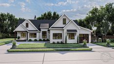 this is a computer rendering of the front elevation of these modern farmhouse houseplans