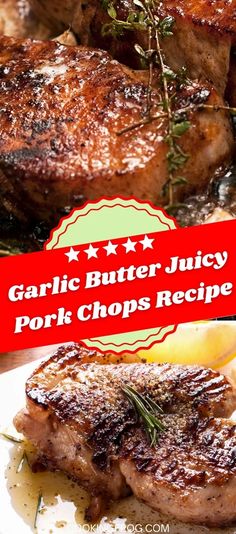 grilled pork chops with garlic butter juicy on the top and red ribbon over it