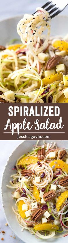 spiralized apple salad with oranges and pecans in a white bowl