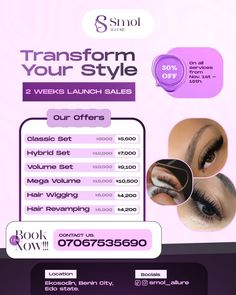 an advertisement for a salon with the words transform your style written in purple and white