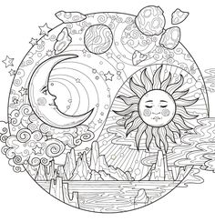 the sun and moon are surrounded by clouds, stars, and swirls in this coloring page