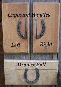 two wooden drawers with metal handles on each drawer and the words cupboard handles left right